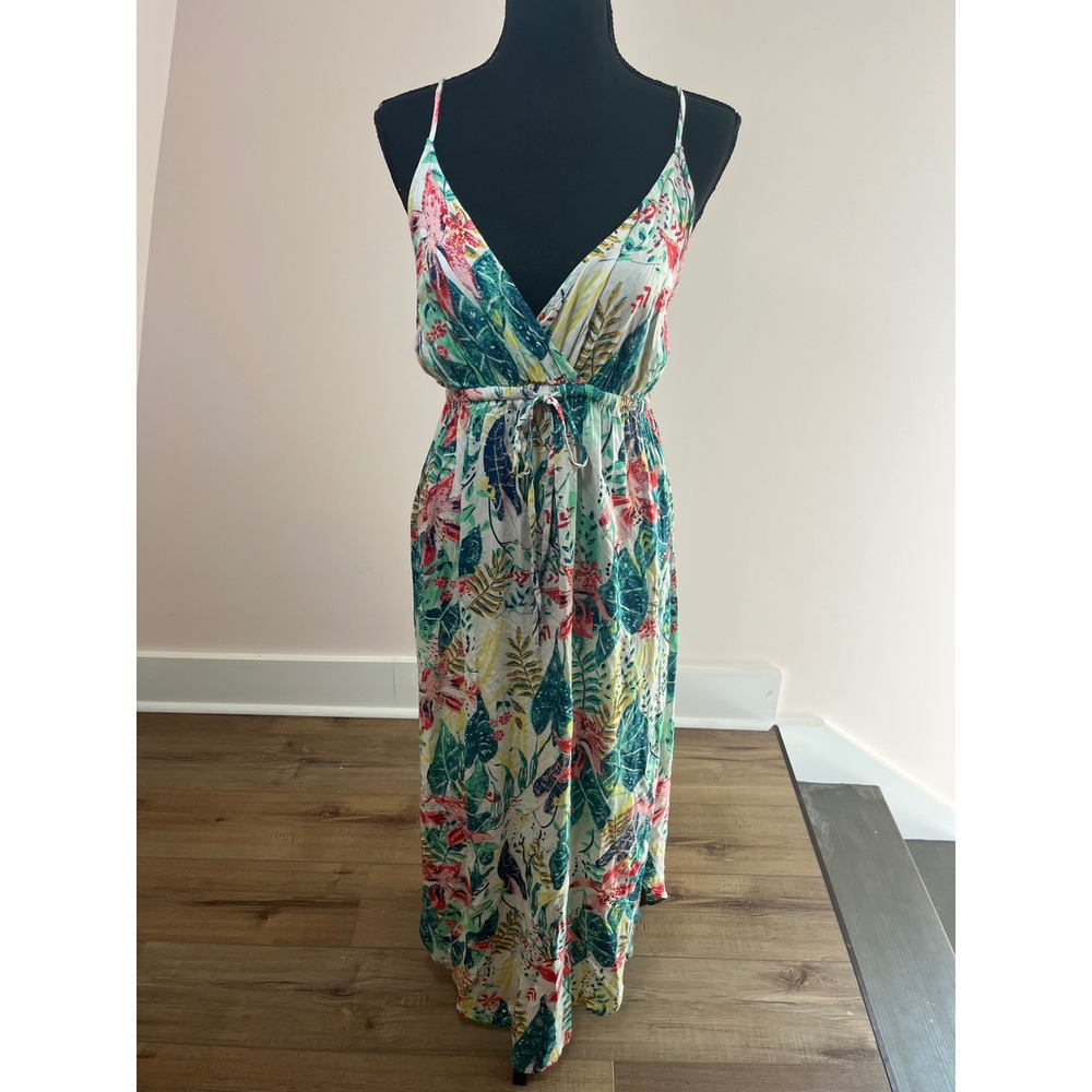 Japna Goa Beachwear Tropical Floral Maxi Dress Green Pink Botanical Summer M